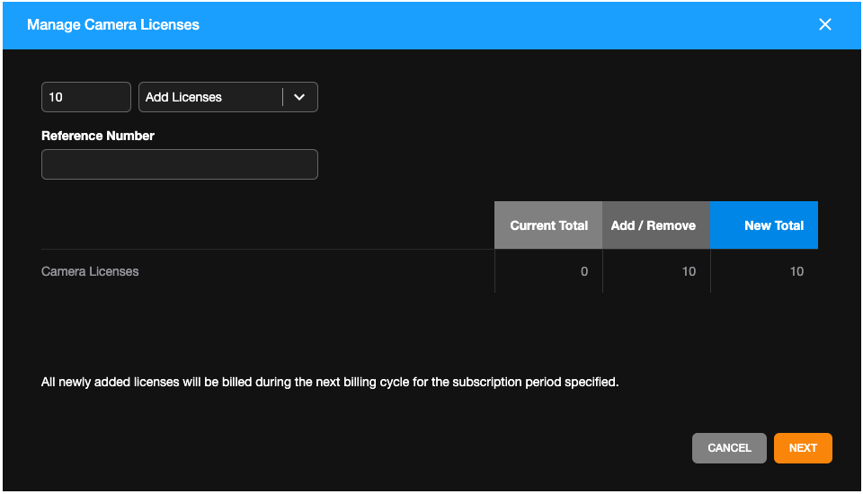 SubMan Add Camera Licenses popup.png
